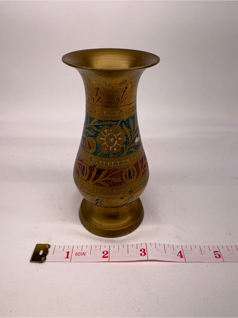 Vintage Etched Brass Floral Vase Hand Painted 6" Made in India